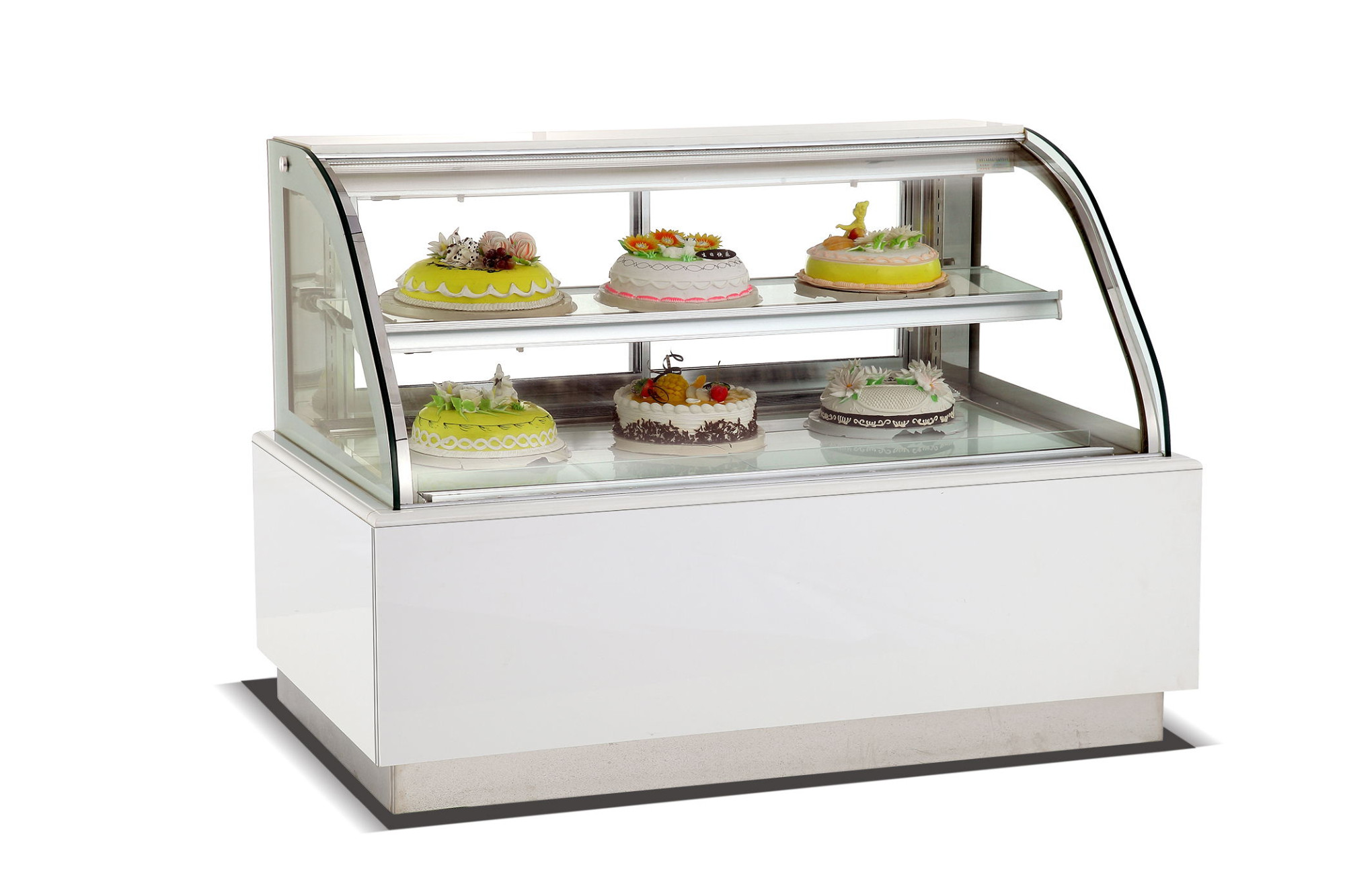 Cake display fridge, curved glass, white marble