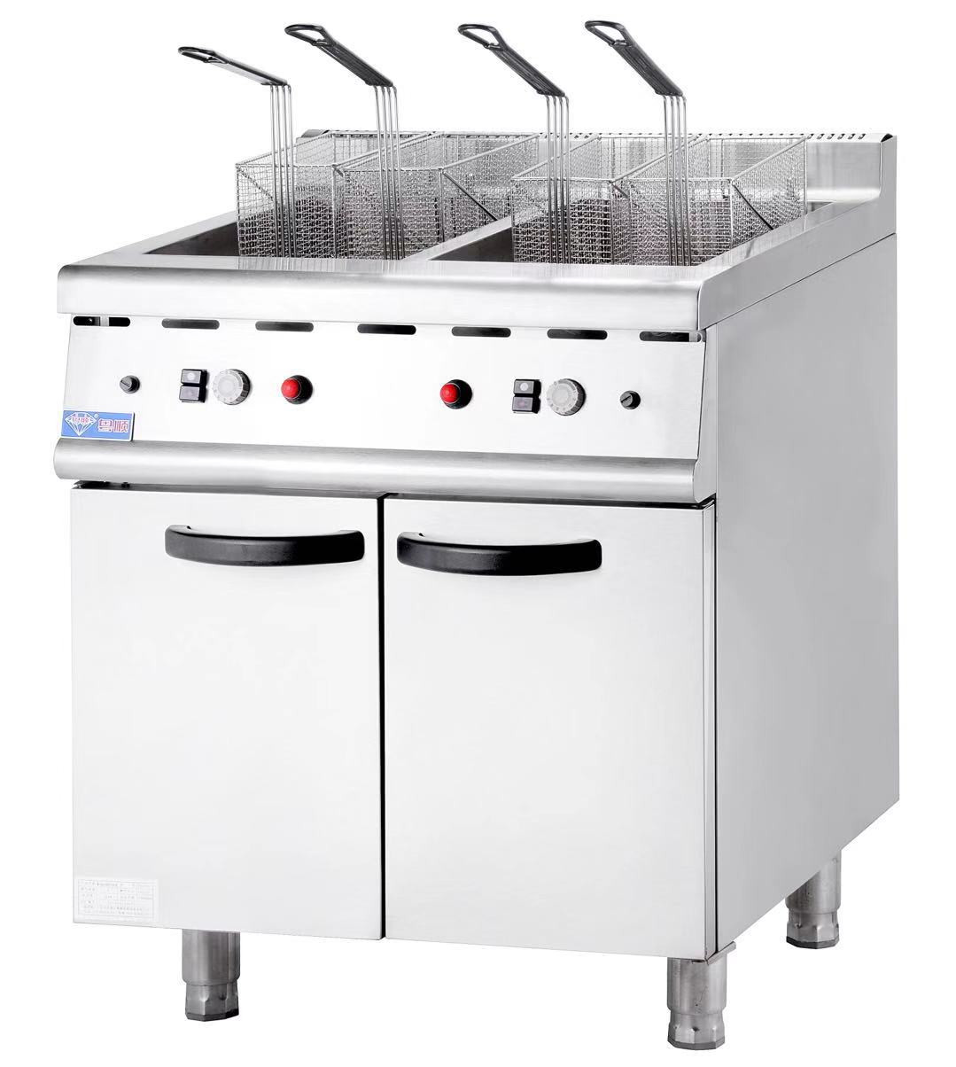 Gas twin-tank fryer, 4 baskets, with cabinet
