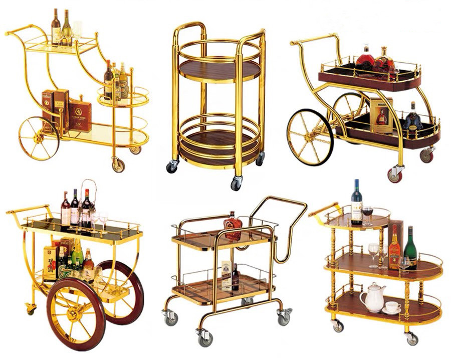 Stainless steel wine trolley, gold frame