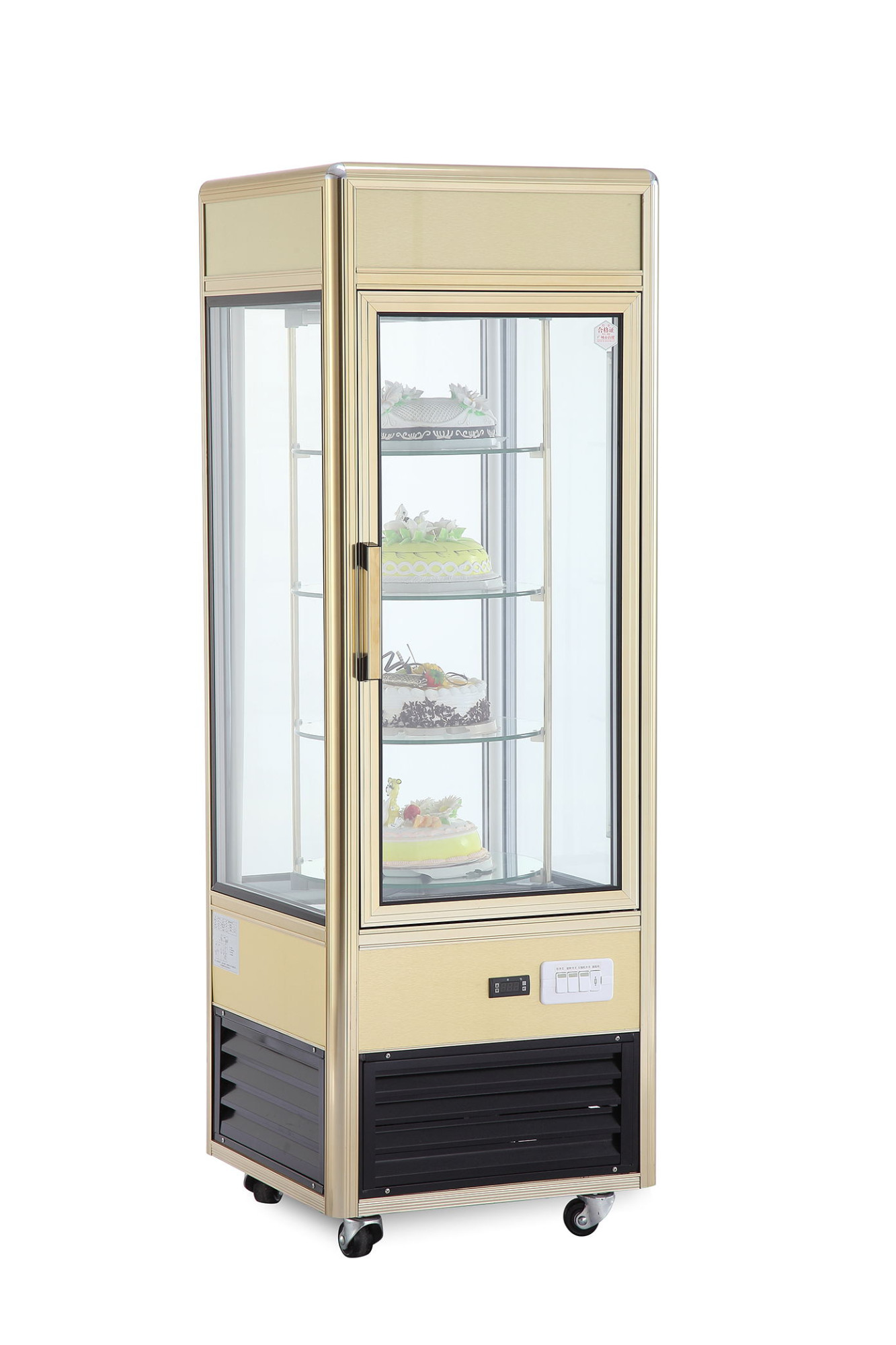 Upright square cake display fridge, gold frame