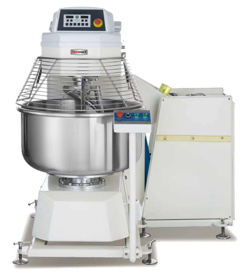 Bowl-tipping dough mixer