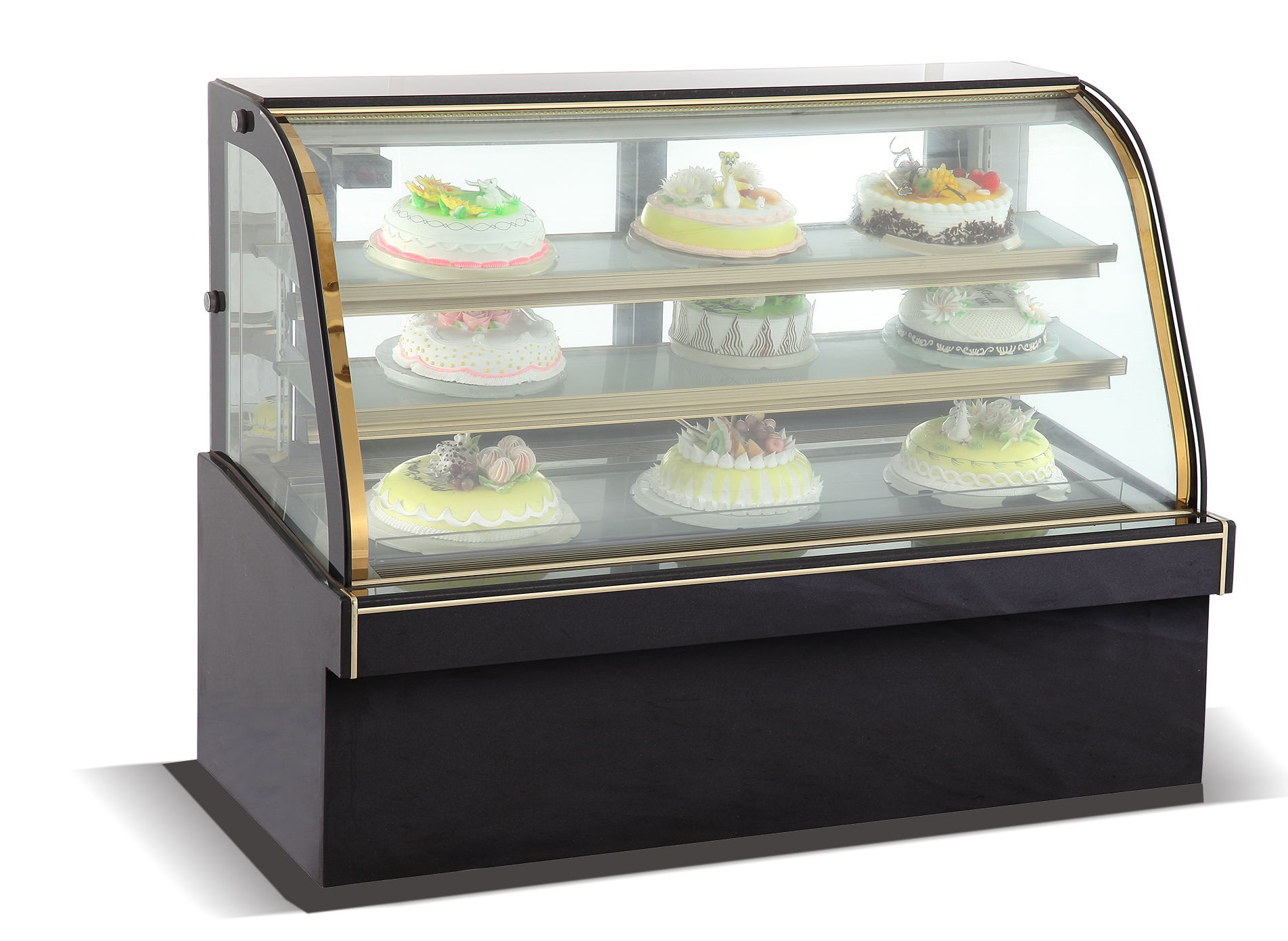 Cake display fridge, double curved glass, black marble