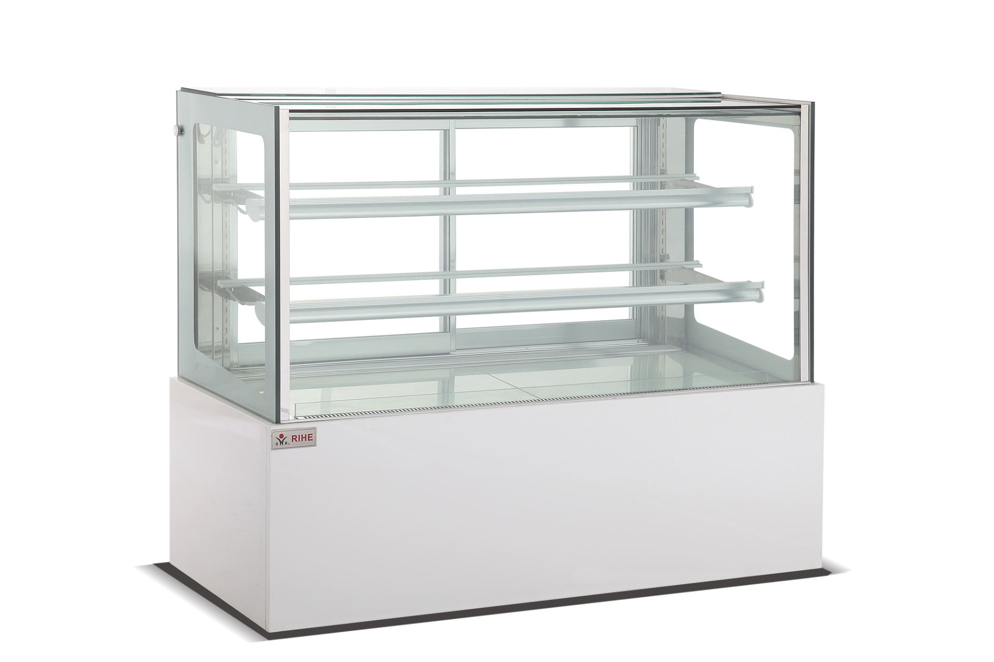 Cake display fridge, square glass, white marble