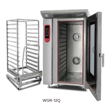 Convection rack oven with trolley, 12 pans, gas or electric, door open with rack trolley