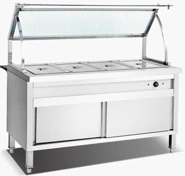 Electric bain marie with curved glass shelf and cabinet