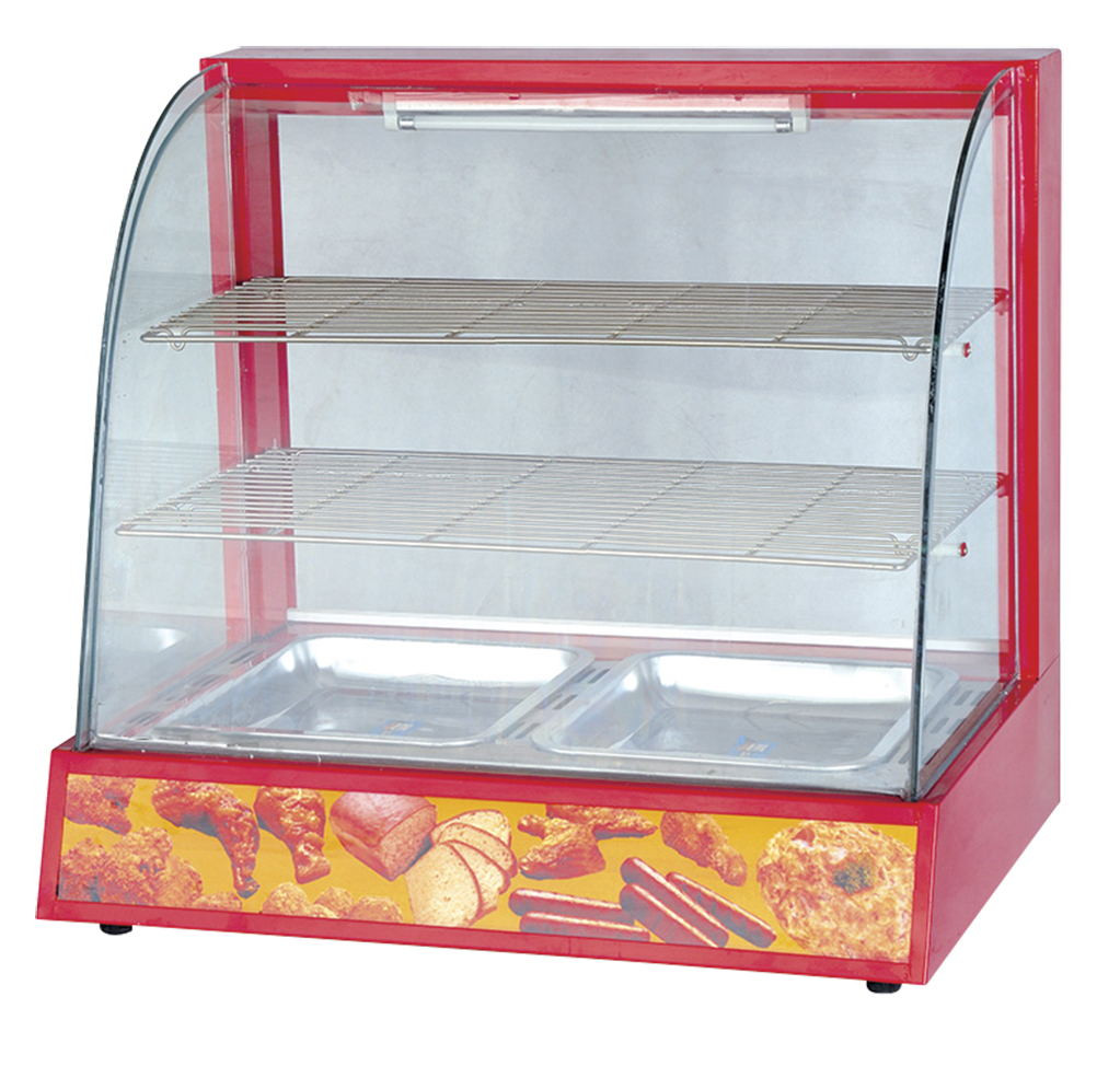 Electric curved glass food warmer display, red frame