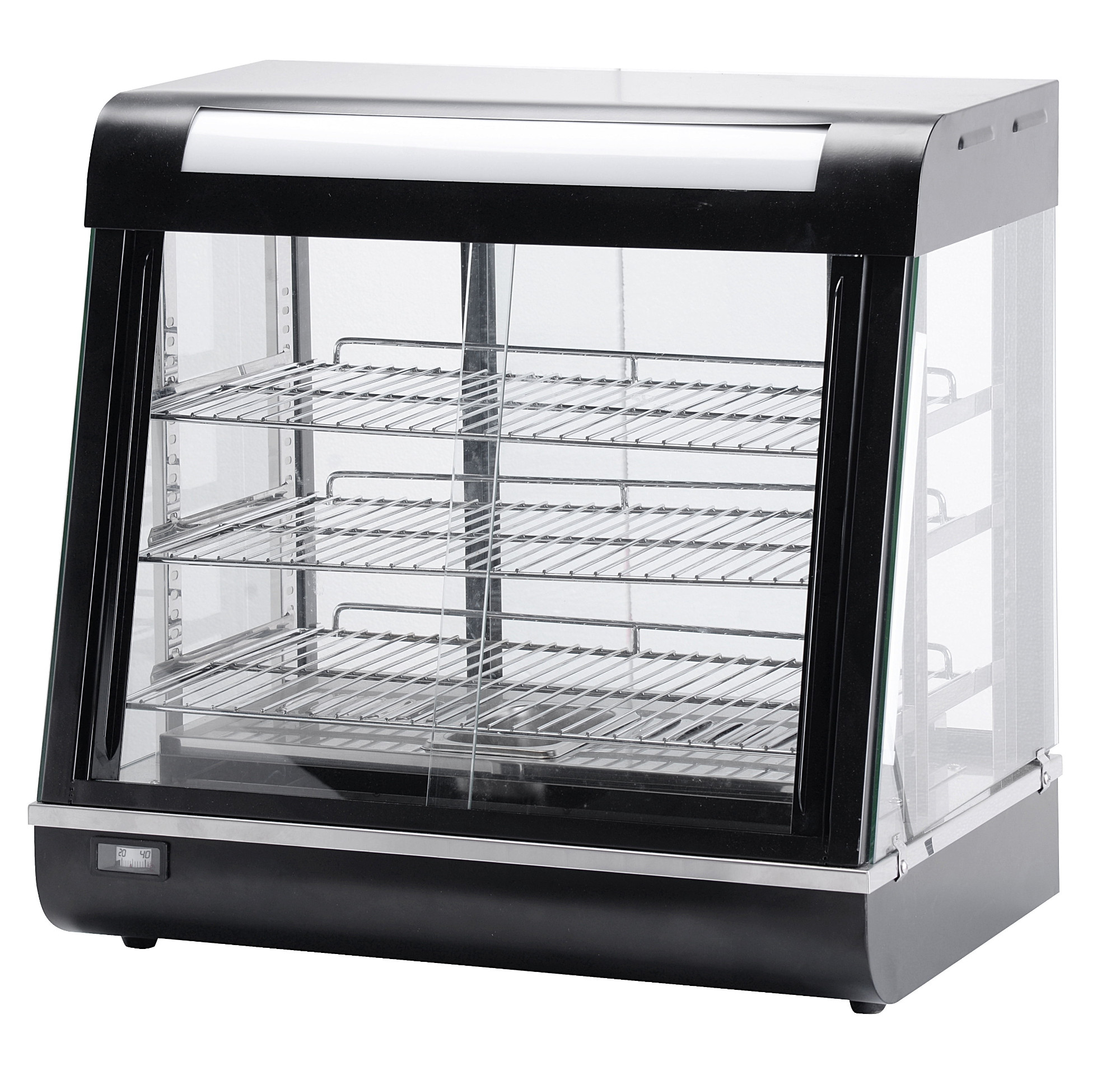 Electric curved glass food warmer display, sliding doors both sides