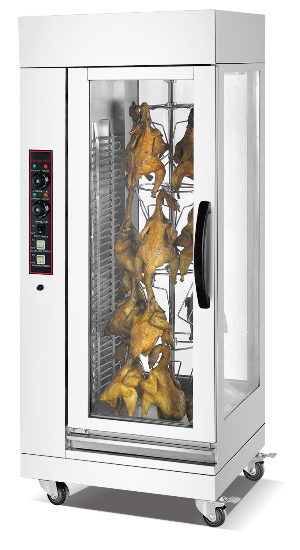 Electric freestanding rotary chicken rotisserie