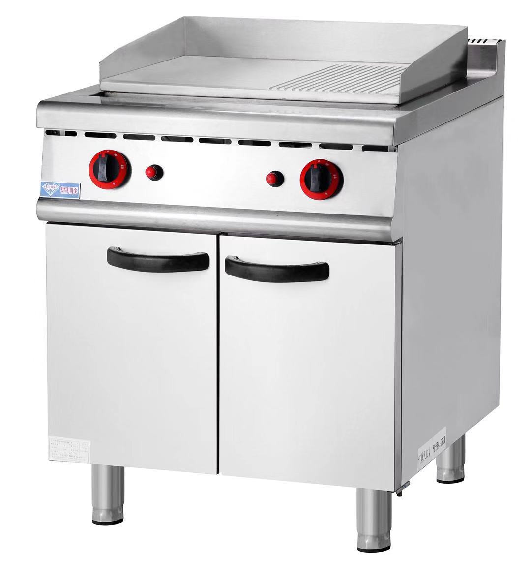 Gas griddle, flat and grooved plate, with cabinet