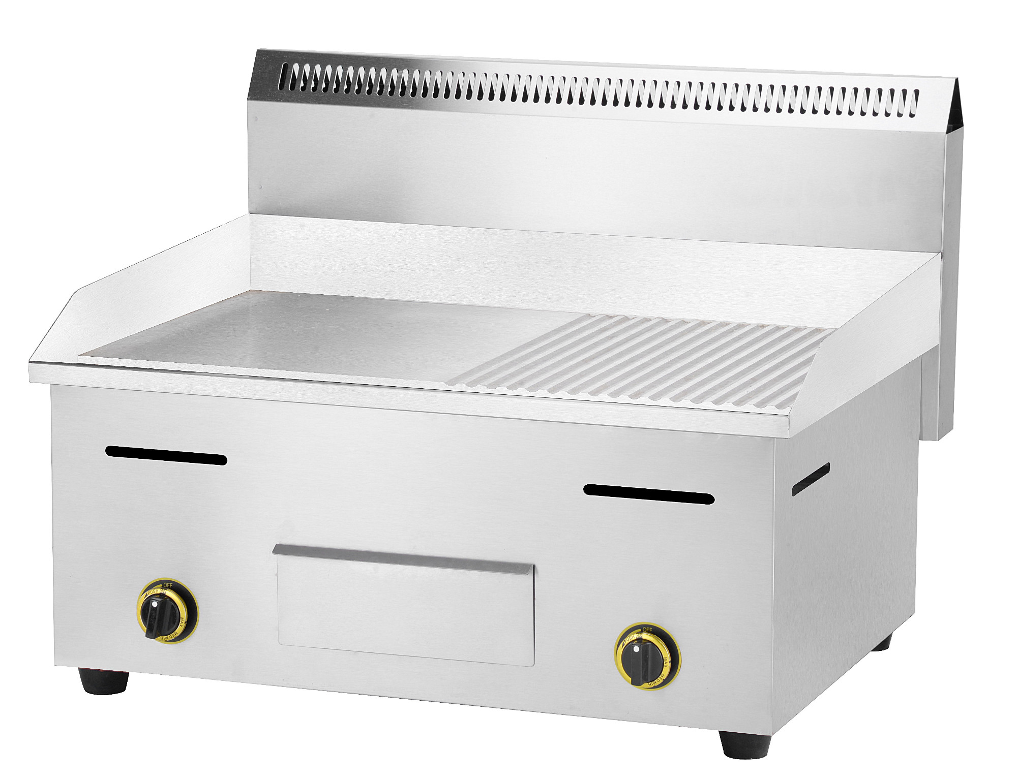 Gas griddle, half flat and half grooved
