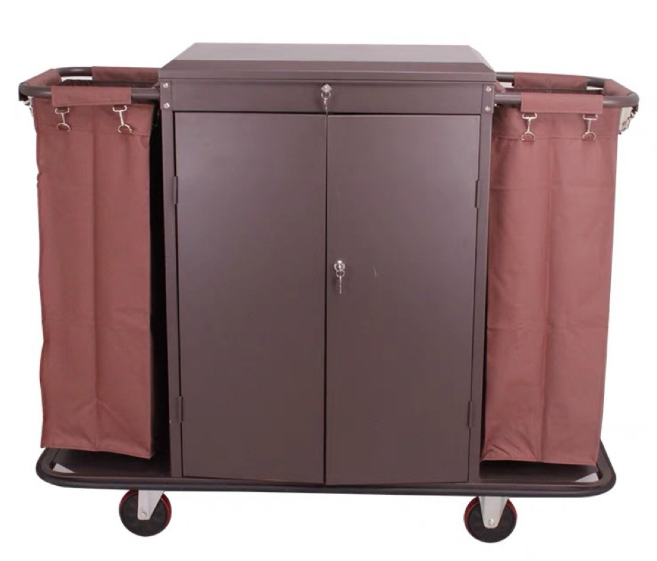Hotel housekeeping trolley with linen bags, with cabinet doors