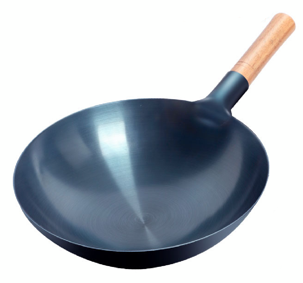 Iron wok with wooden handle