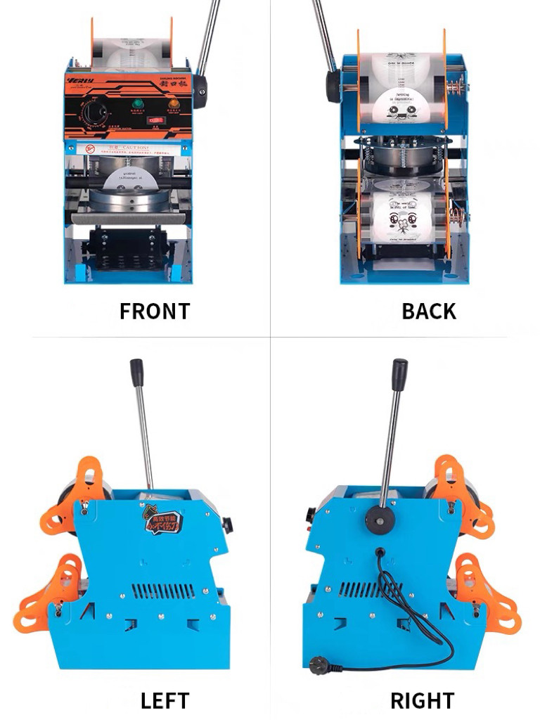 Manual cup sealing machine, front, back, left and right views