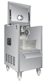 Mobile meat mincer, lid open