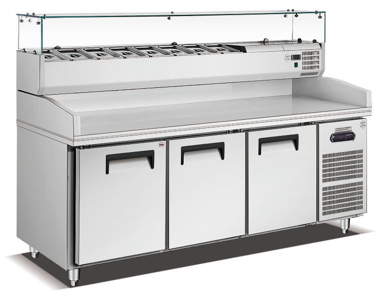 Stainless 3-door chiller, marble top, with GN 1/4 pan rail