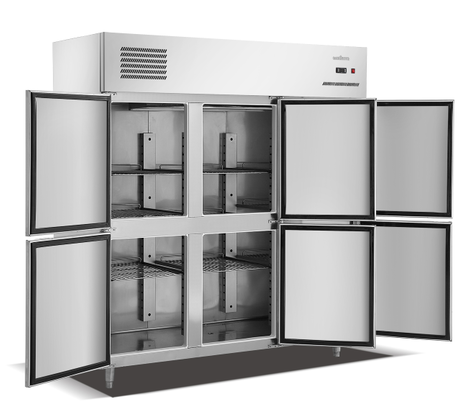 Stainless 6-door kitchen refrigerator, doors open