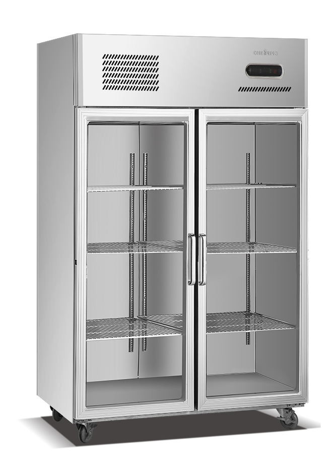 Stainless kitchen refrigerator with 2 glass doors