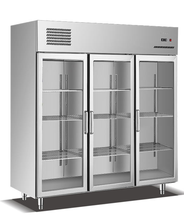 Stainless kitchen refrigerator with 3 glass doors