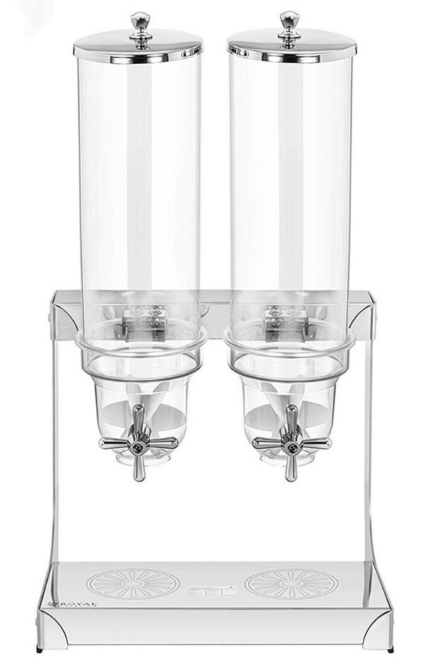 Stainless steel double cereal dispenser, front view