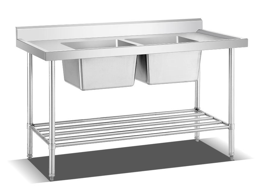 Stainless steel double sink with bottom shelf