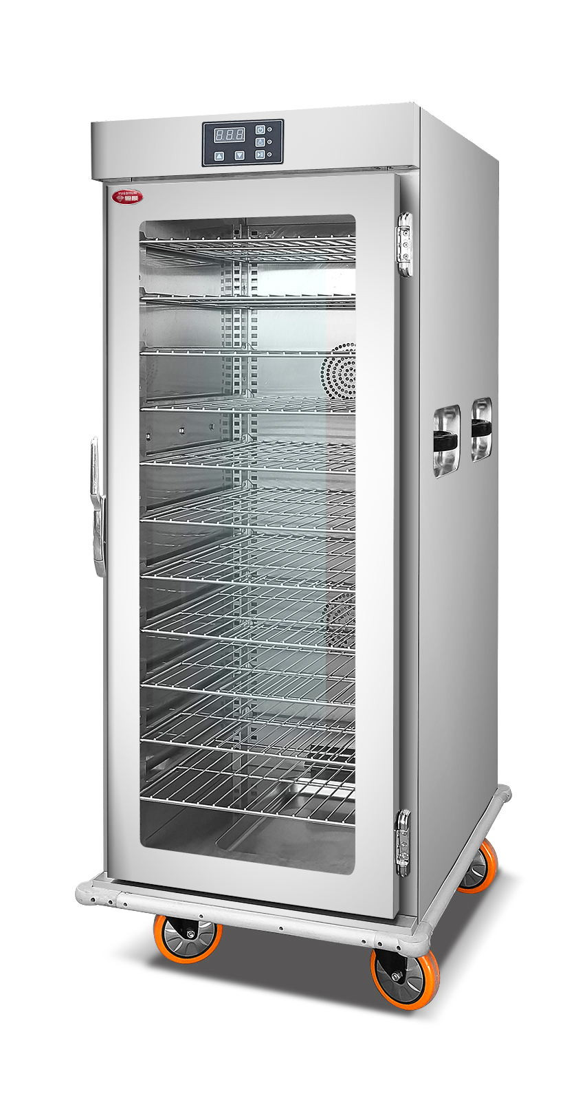 Stainless steel heated food trolley with glass door