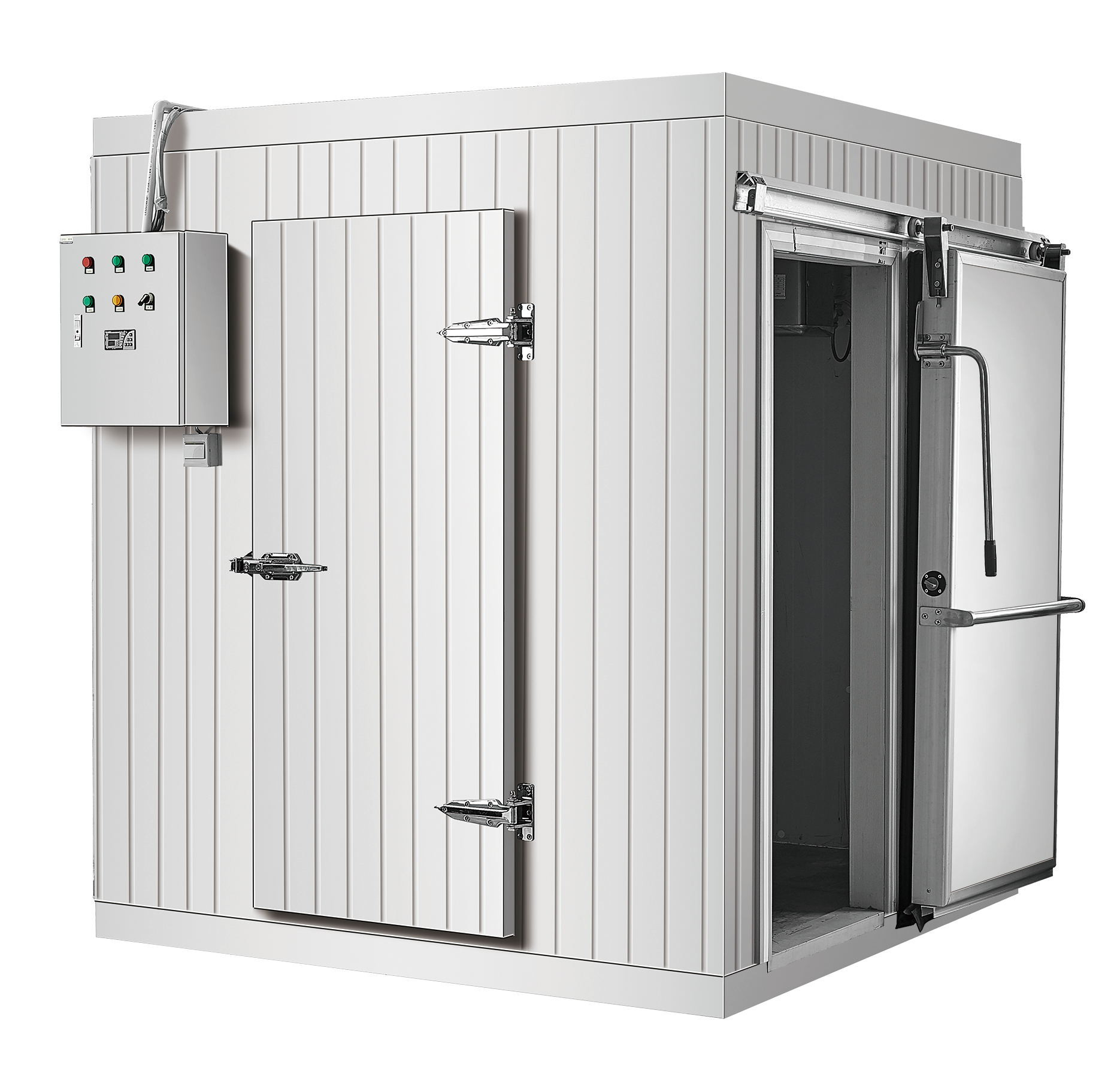Stainless steel walk-in cold room, door open