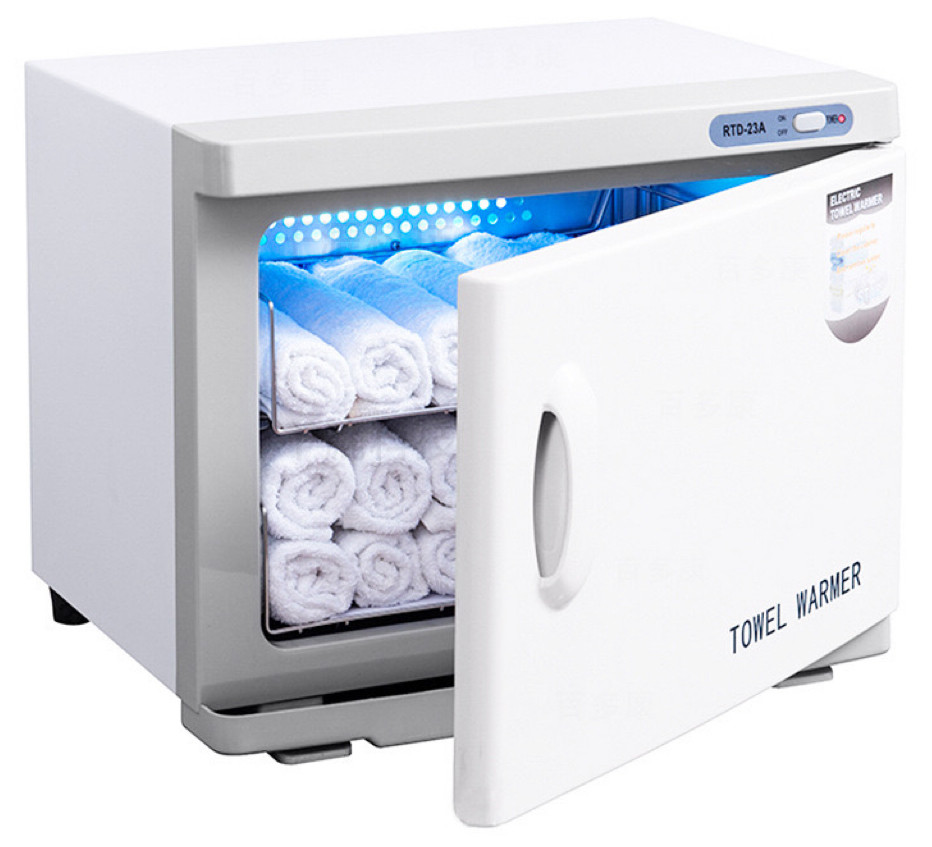 Towel warmer cabinet with UV, single compartment, door open