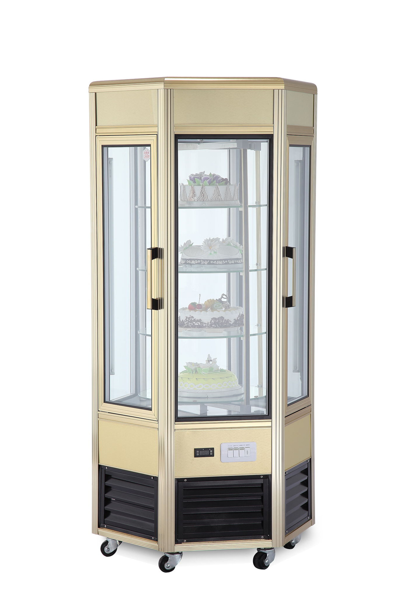 Upright hexagonal cake display fridge, gold frame